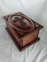 Load image into Gallery viewer, Handmade Carved Memorial Cremation Urn with Ornate Scroll Cross Carving
