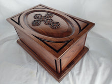 Load image into Gallery viewer, Handmade Carved Memorial Cremation Urn with Ornate Scroll Cross Carving