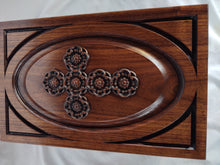 Load image into Gallery viewer, Handmade Carved Memorial Cremation Urn with Ornate Scroll Cross Carving