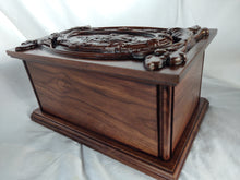 Load image into Gallery viewer, Handmade Carved Memorial Cremation Urn Ornate Carving of Jesus as the Shepherd with Ornate Border