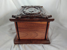 Load image into Gallery viewer, Handmade Carved Memorial Cremation Urn Ornate Carving of Jesus as the Shepherd with Ornate Border