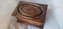 Load image into Gallery viewer, Handmade Carved Memorial Cremation Urn Ornate Carving of Jesus as the Shepherd with Ornate Border