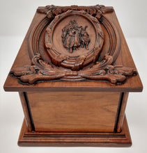 Load image into Gallery viewer, Handmade Carved Memorial Cremation Urn Ornate Carving of Jesus as the Shepherd with Ornate Border
