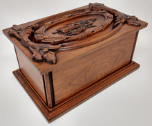 Load image into Gallery viewer, Handmade Carved Memorial Cremation Urn Ornate Carving of Jesus as the Shepherd with Ornate Border