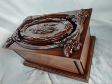 Load image into Gallery viewer, Handmade Carved Memorial Cremation Urn Ornate Carving of Jesus as the Shepherd with Ornate Border
