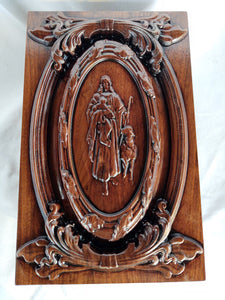 Handmade Carved Memorial Cremation Urn Ornate Carving of Jesus as the Shepherd with Ornate Border