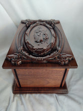 Load image into Gallery viewer, Handmade Carved Memorial Cremation Urn Ornate Carving of Jesus as the Shepherd with Ornate Border
