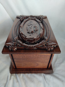 Handmade Carved Memorial Cremation Urn Ornate Carving of Jesus as the Shepherd with Ornate Border