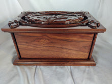 Load image into Gallery viewer, Handmade Carved Memorial Cremation Urn Ornate Carving of Jesus as the Shepherd with Ornate Border
