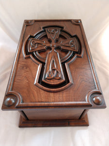 Handmade Carved Memorial Cremation Urn with Celtic Cross Carving