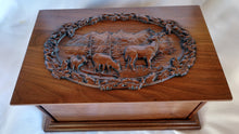 Load image into Gallery viewer, Handmade Carved Memorial Cremation Urn with Elk Mountain Scene Carving
