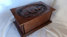 Load image into Gallery viewer, Handmade Carved Memorial Cremation Urn with Elk Mountain Scene Carving
