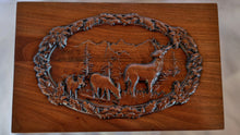 Load image into Gallery viewer, Handmade Carved Memorial Cremation Urn with Elk Mountain Scene Carving
