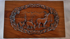 Handmade Carved Memorial Cremation Urn with Elk Mountain Scene Carving