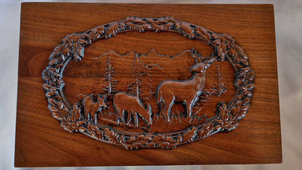 Handmade Carved Memorial Cremation Urn with Elk Mountain Scene Carving