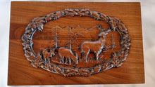 Load image into Gallery viewer, Handmade Carved Memorial Cremation Urn with Elk Mountain Scene Carving
