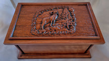 Load image into Gallery viewer, Handmade Carved Memorial Cremation Urn with Wildlife Mountain Scene
