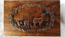 Load image into Gallery viewer, Handmade Carved Memorial Cremation Urn with Elk Mountain Scene Carving
