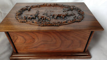 Load image into Gallery viewer, Handmade Carved Memorial Cremation Urn with Elk Mountain Scene Carving
