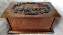 Load image into Gallery viewer, Handmade Carved Memorial Cremation Urn with Elk Mountain Scene Carving
