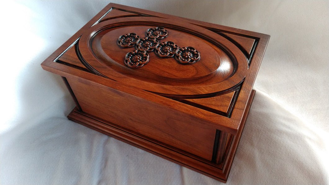 Handmade Carved Memorial Cremation Urn with Ornate Scroll Cross Carving