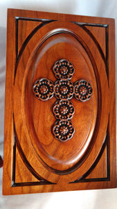 Handmade Carved Memorial Cremation Urn with Ornate Scroll Cross Carving