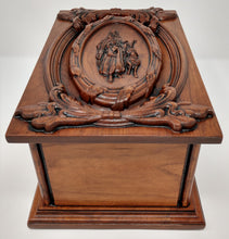 Load image into Gallery viewer, Handmade Carved Memorial Cremation Urn Ornate Carving of Jesus as the Shepherd with Ornate Border
